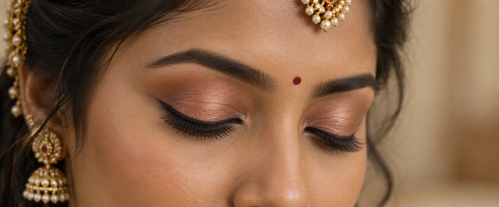 bridal makeup inspiration: rose-gold eye makeup, defined eyeliner and a small red bindi on a fictional adult Tamil woman.