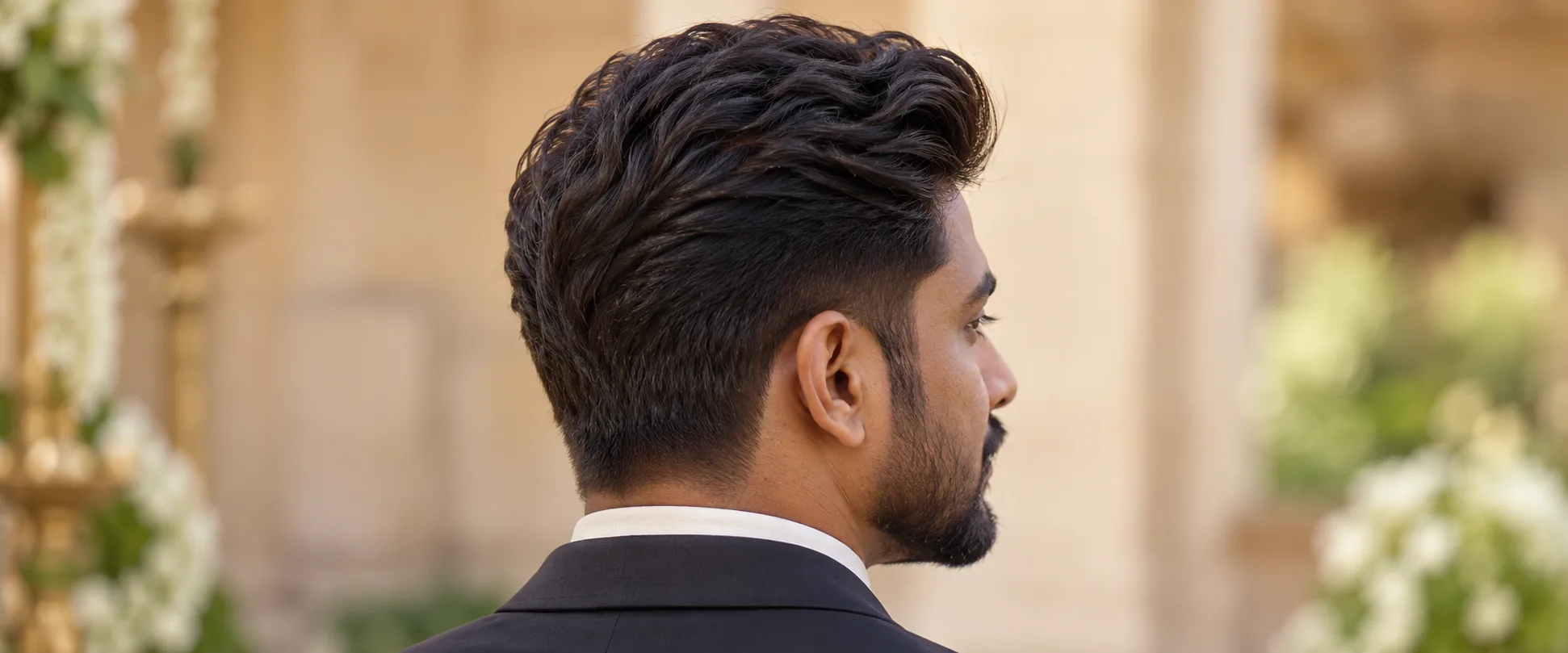 groom hairstyle inspiration: textured swept-back dark hair with tapered sides, shown in profile on a fictional adult Tamil man.