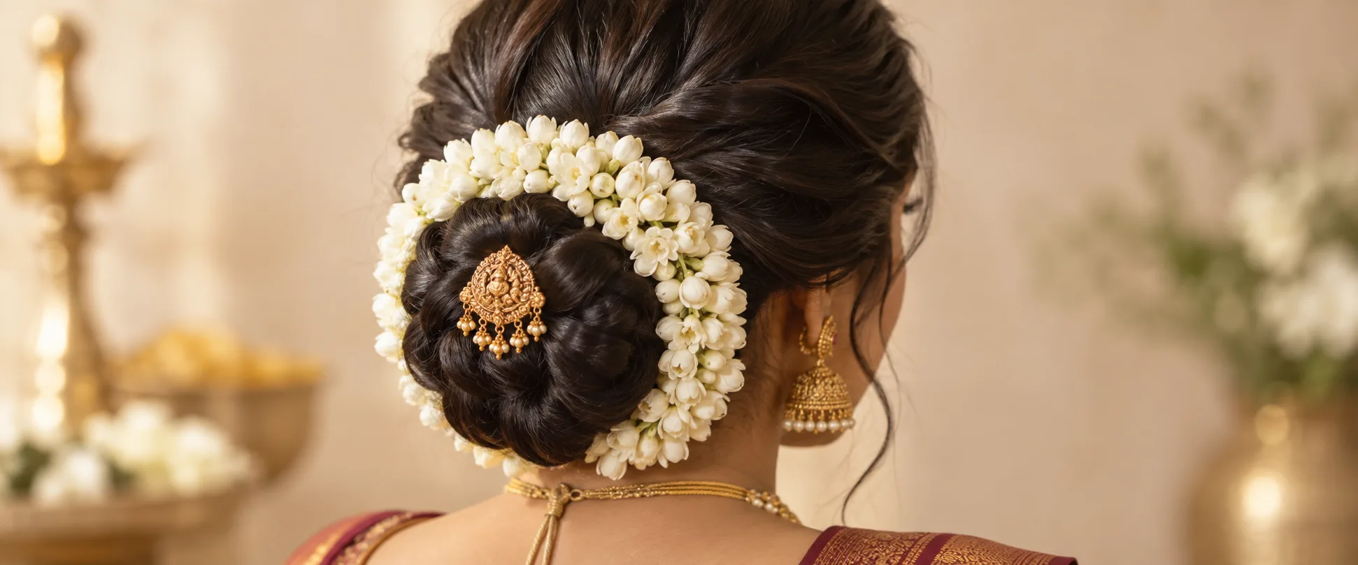 Tamil bridal hairstyle inspiration: a braided bun with fresh jasmine flowers and a gold ornament on a fictional adult model.